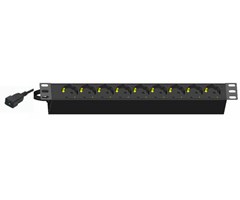 9 x Schuko ut, C20 16 A inn 19"