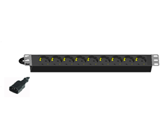 9 x Schuko ut, C14 10 A inn, 19"