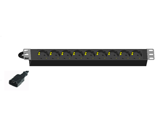 9 x Schuko ut, C14 10 A inn, 19"
