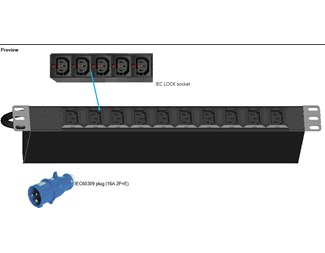 10xIEC320-C13 utganger, 1xDIN49441 (schuko) 16A inngang, 19''