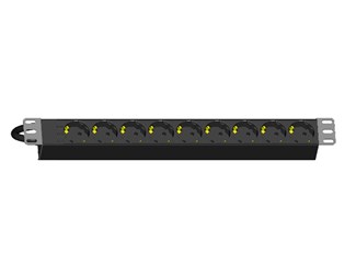 9 x Schuko, 16A in, Open end. 19'' 6m kabel