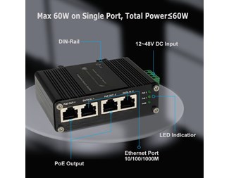 PoE-injektor, 10/100/1000Base-T, Max 60 W ut, 12–48 V DC inn