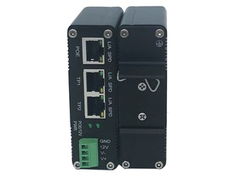 IEEE 802.3af/at PoE inn, 20 W og 12 V DC (skrueterminal) ut, DIN