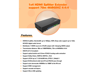 4K 70 m over Cat6,18G, HDR, HDCP2.2, 1 x HDMI Loopout