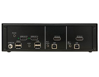 2 x DisplayPort 1.2a inn, 2 x HDMI ut, 2 x USB B inn, 2 x USB A 1.1 ut