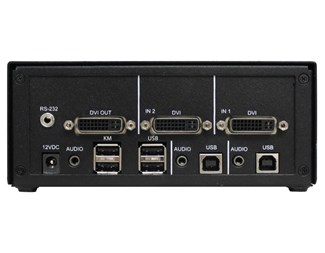 2 DVI-I inn, 1 DVI-I ut, lyd og USB 2.0-støtte